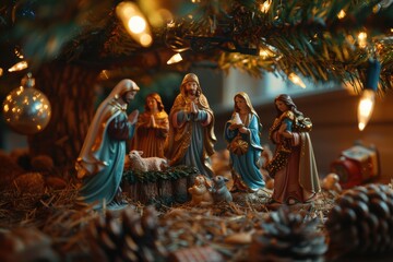 Fototapeta premium A Nativity Scene Under The Christmas Tree Glows With Festive Light