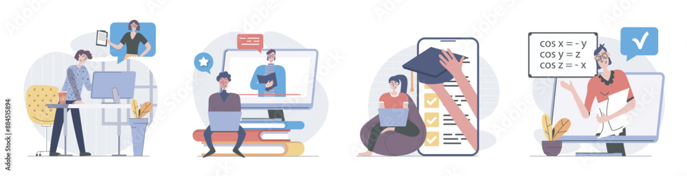 Aufkleber back to school concept with people scenes set in flat web design. collection of character situation 