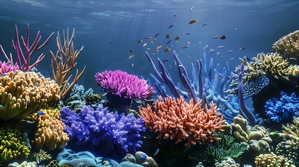 A vibrant coral reef teeming with marine life, colorful corals, and fish swimming in the crystal-clear waters of the ocean.