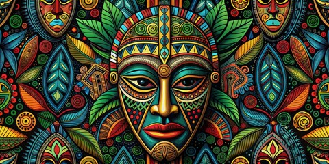 African Tribal Mask with Ornate Details, Digital Illustration, Seamless Pattern,  Geometric Art, African Art, Tribal Art,  Masquerade
