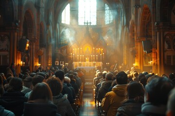 Obraz premium A Congregation Gathered in a Grand Church, Bathed in Golden Light