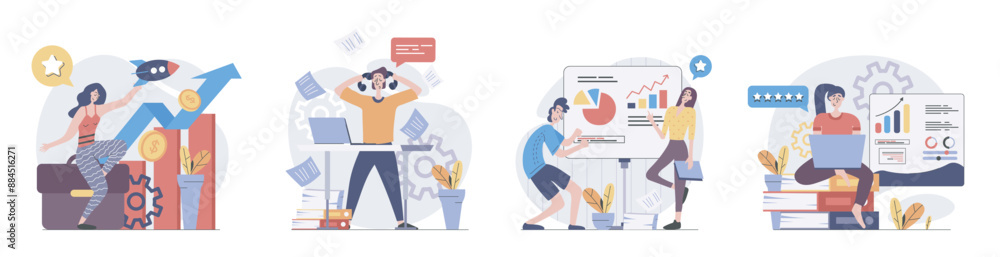 Poster business activities concept with people scenes set in flat web design. collection of character situa