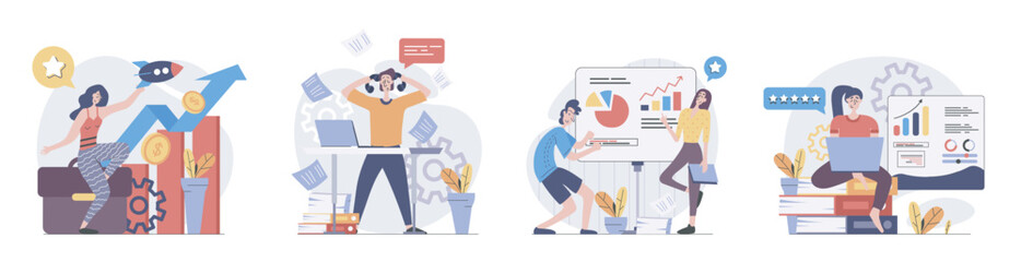 Business activities concept with people scenes set in flat web design. Collection of character situation with entrepreneurs doing strategy analysis, planning, startup develop. Vector illustrations.