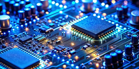 Fototapeta premium Close-up of a glowing blue circuit board with a central processor, Motherboard, Technology, Circuitry, Electronics