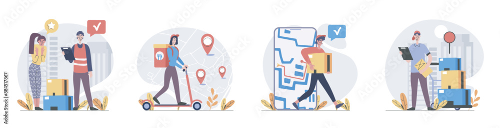 Poster delivery concept with people scenes set in flat web design. collection of character situation with c