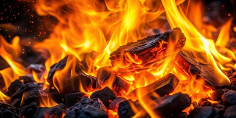 Fototapeta premium Fiery Embers Dance, Macro Photography of Burning Charcoal, Hot Flames, Warm Colors, Glowing Embers, Fire, Charcoal