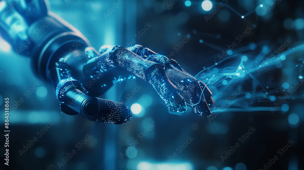 Aufkleber a blue hologram of a robot arm with glowing data streams, illustrating ai in automation and vr indus