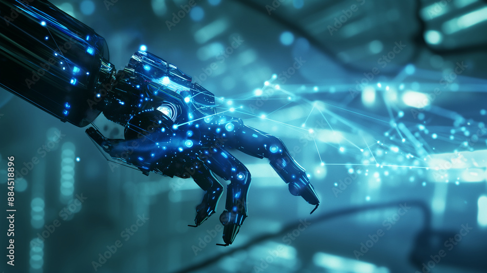 Poster a blue hologram of a robot arm with glowing data streams, illustrating ai in automation and vr indus