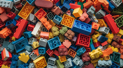 Close-up of a chaotic yet colorful pile of blocks, featuring a mix of standard and specialty pieces, on a white background with an open center.