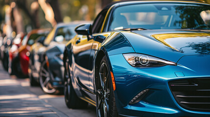 Naklejka premium A shiny blue sports car parked in an outdoor lot, surrounded by other used vehicles, with a dealer agent explaining its features to a potential buyer.