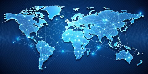 Fototapeta premium Global Network Connection - World Map Illustration with Glowing Lines and Nodes, global network, network connection, world map, technology, globalization