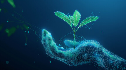 Abstract digital hand made of interconnected glowing dots and lines, supporting a sprouting plant with delicate leaves, against a futuristic blue backdrop.