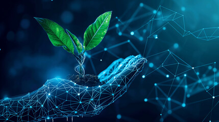 Low poly wireframe hand holding a small, glowing plant, with geometric shapes and connected lines forming a network on a blue technological background.