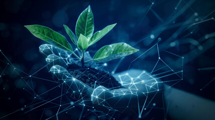 Low poly wireframe hand holding a small, glowing plant, with geometric shapes and connected lines forming a network on a blue technological background.