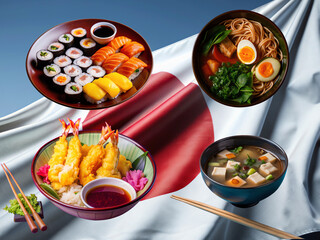 A set of the most delicious Japanese dishes on japanese flag background , sushi, ramen, tempura and miso soup 