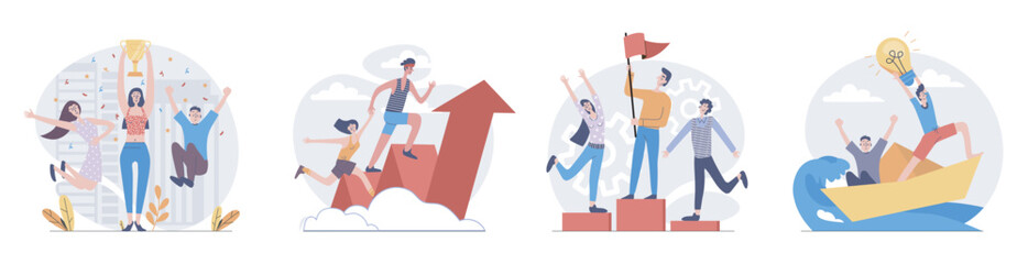 Leadership concept with people scenes set in flat web design. Collection of character situation with businesswoman and businessman achieve career goals and getting victory. Vector illustrations.