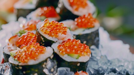 The national cuisine of Japan. Sushi with crabs and caviar.
