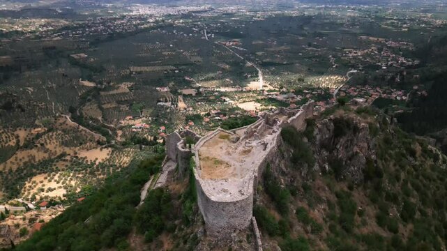 Aerial video over Greece. Peloponnese. Sparta. Mysters Castle.