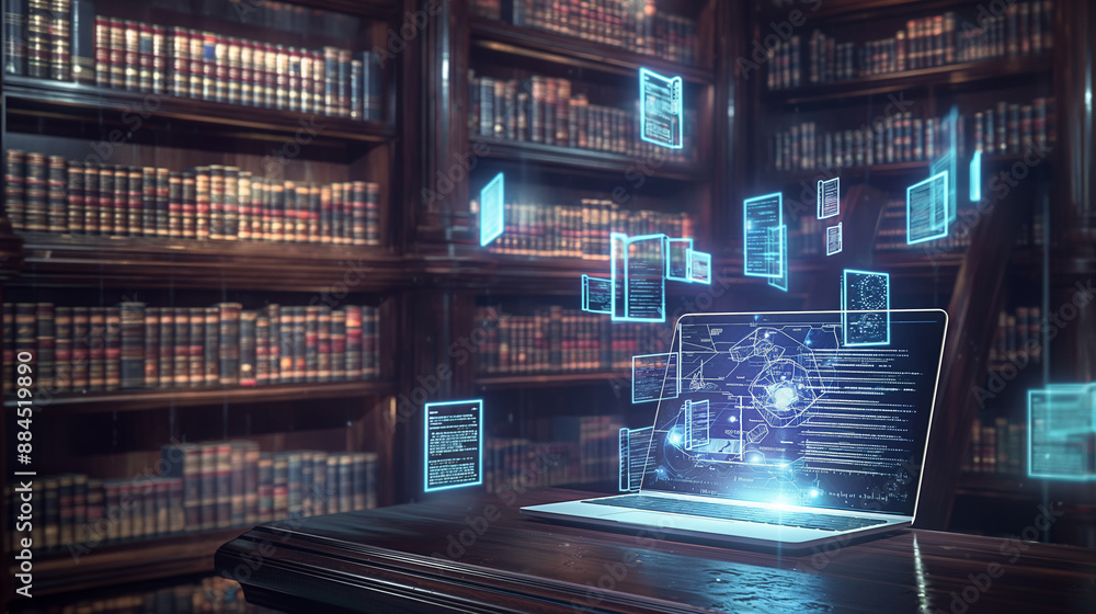 Poster a digital education scene with an open laptop displaying floating books and icons, surrounded by a l