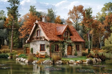 Obraz premium Charming country cottage surrounded by serene nature and rustic charm.