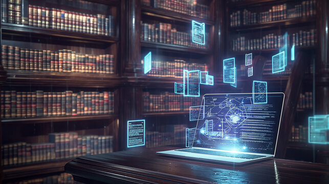 A digital education scene with an open laptop displaying floating books and icons, surrounded by a library of bookshelves, on a dark wood textured background.