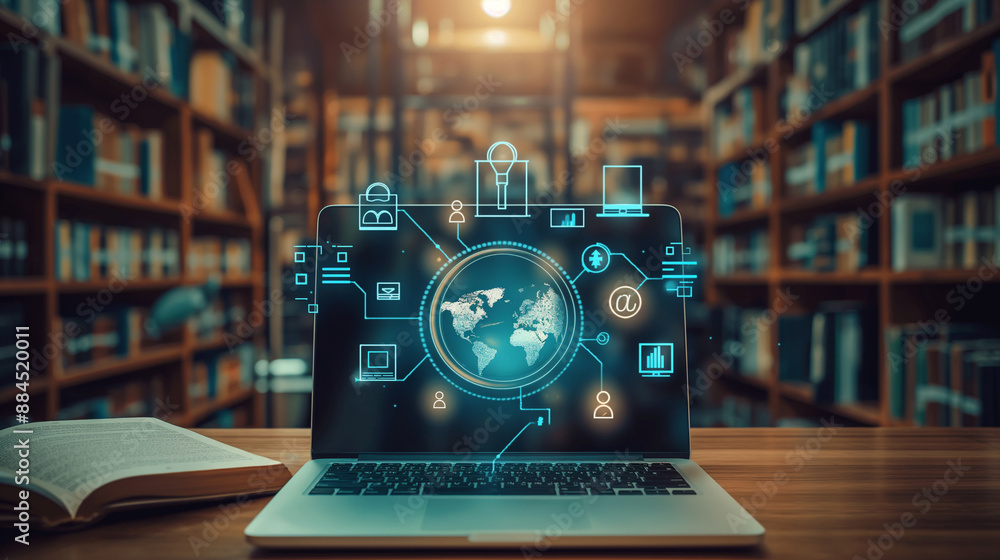 Poster Online learning concept with an open laptop displaying floating educational icons and books, surrounded by a library of bookshelves on dark wood.