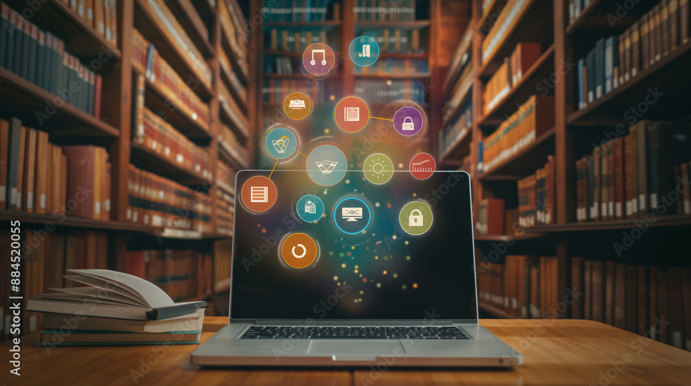 Poster open laptop featuring an array of floating educational icons and books, surrounded by towering books
