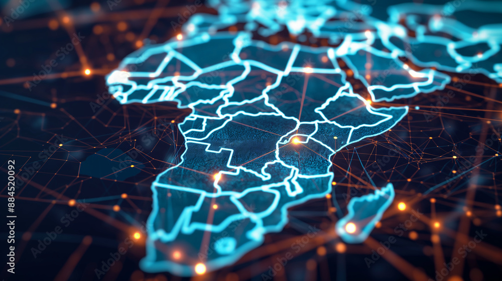 Poster a glowing digital map of africa with interconnected nodes representing a global network, highlightin