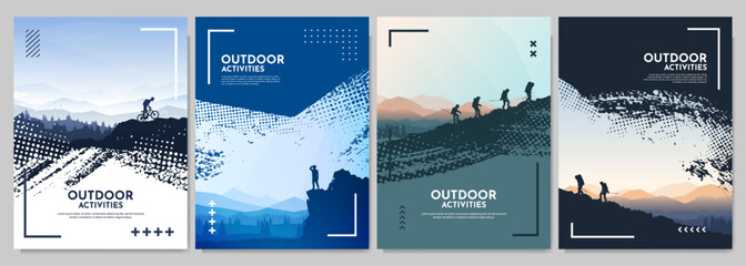 Vector illustration. Travel concept of discovering, exploring and observing nature. Tourists have hiking trip. Travelers climb with backpack and travel walking sticks. Website template. Flat landscape