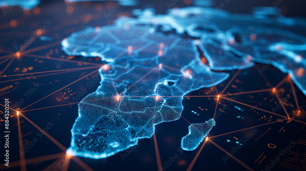 Aufkleber africa as seen on a digital map, glowing with network lines and data transfer nodes, emphasizing glo