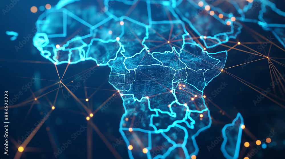 Aufkleber a cyber-themed digital map of africa, with interconnected bright nodes and lines, representing globa