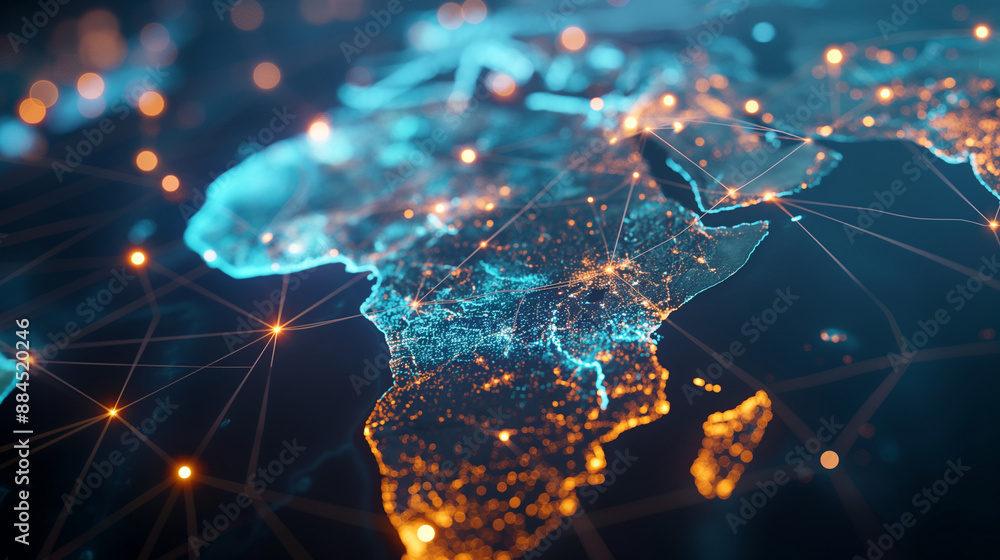 Poster africa illuminated on a digital map with bright lines and data nodes, emphasizing global connectivit