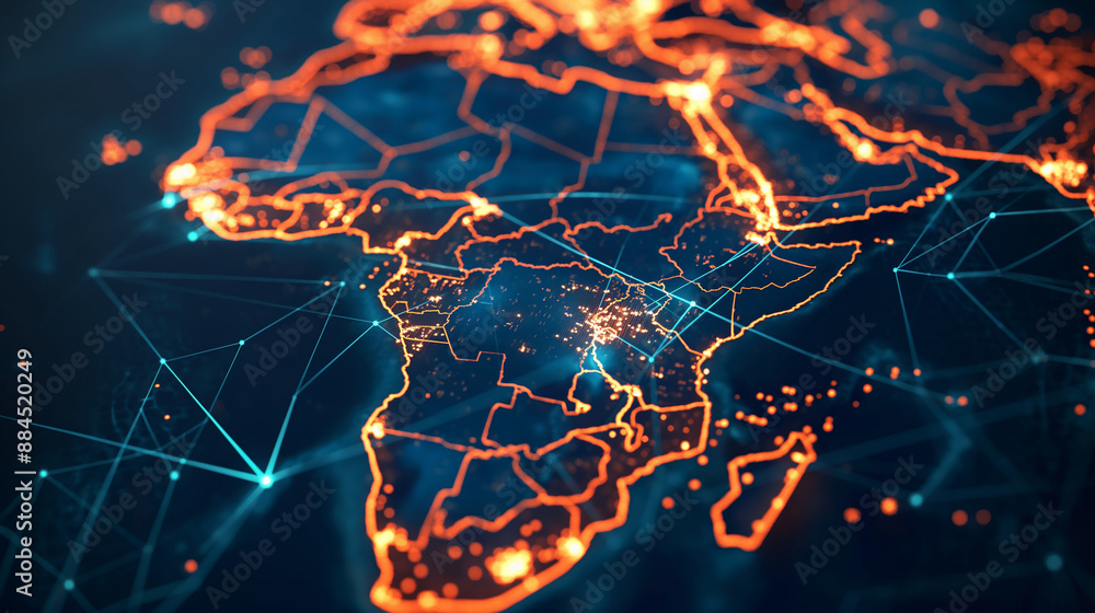 Poster africa illuminated on a digital map with bright lines and data nodes, emphasizing global connectivit