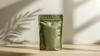 Mock up standing pouch green foil, on a cream wooden table with a clean white background, Ai generated Image