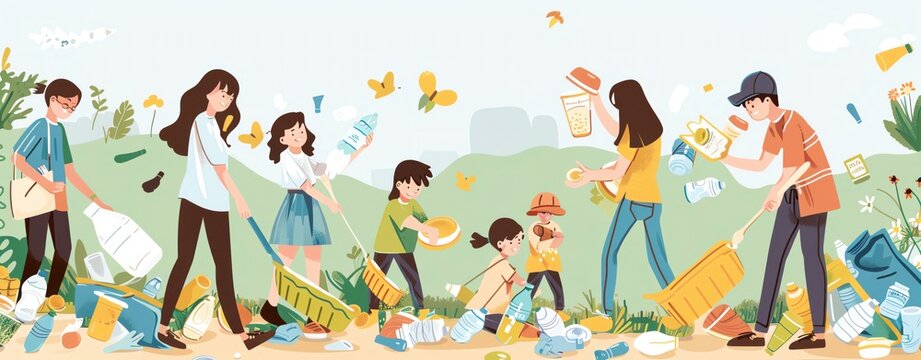 Design an illustration promoting plastic reduction, showing a community cleanup event with people of different ages and ethnicities collecting plastic waste