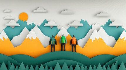 Illustration of three hikers looking at mountains with snow and sun in a stylized paper-cut design. Concept of adventure and outdoor exploration.