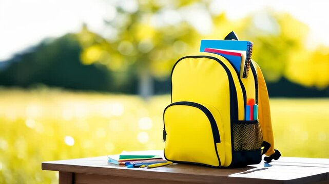 Yellow backpack filled with school supplies, including notebooks, pencils, and pens on a wooden table outdoors. Back to school concept. Copy space template background