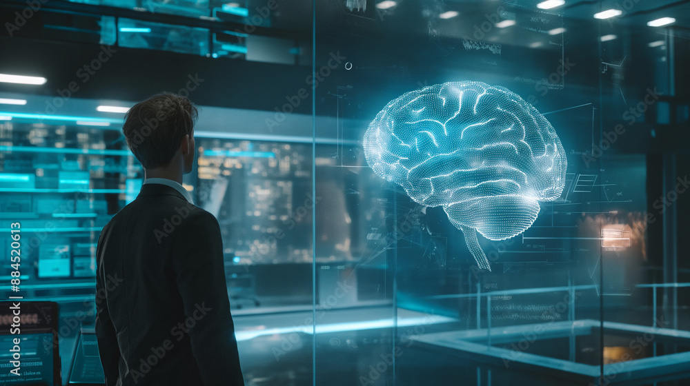 Aufkleber a high-tech brain hologram in a business setting, illustrating the application of large language mod