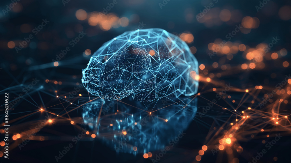 Poster digital brain with a web of glowing lines and nodes, symbolizing the sophistication of large languag