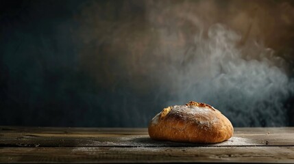 Bread baking on wooden surface with dark backdrop space for text