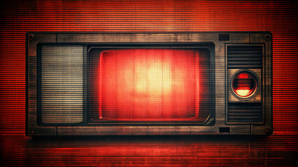 Distressed retro CCTV or VHS video noise background features red recording indicator, vintage horizontal scanlines, and a grungy, vignette border, evoking a horror film atmosphere.