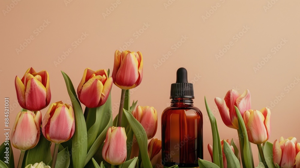 Sticker Aroma oil and tulips in a dark glass bottle on a beige background