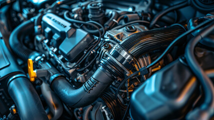 Fototapeta premium car engine with black hoses.generative ai
