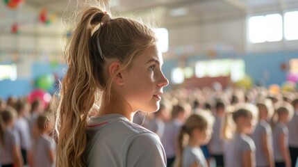 Group of happy elementary students on physical education class at school gym.