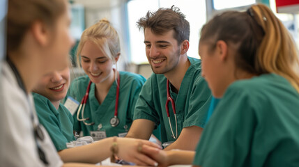 Group of student nurses working together in a simulation lab, demonstrating their teamwork and practical training experiences.