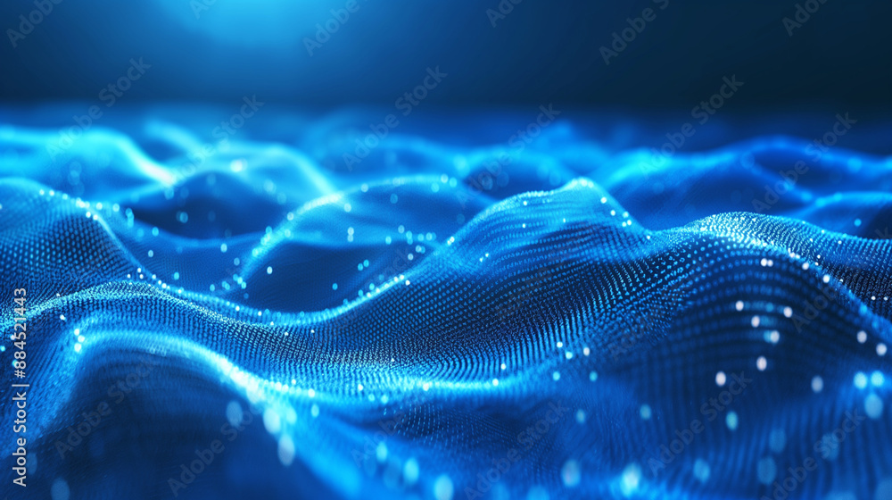 Poster flowing digital waves across a blue tech background, interwoven with glowing neural connections, hig