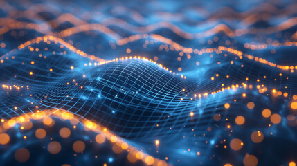 Flowing digital waves across a blue tech background, interwoven with glowing neural connections, highlighting the power of quantum computing.