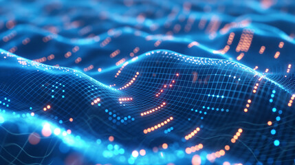 Flowing digital waves across a blue tech background, interwoven with glowing neural connections, highlighting the power of quantum computing.