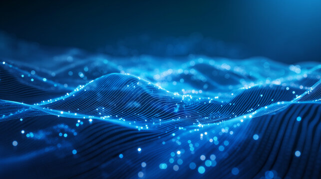 Digital waves flowing through a blue tech background, intertwined with intricate neural networks, representing the concept of quantum computing.