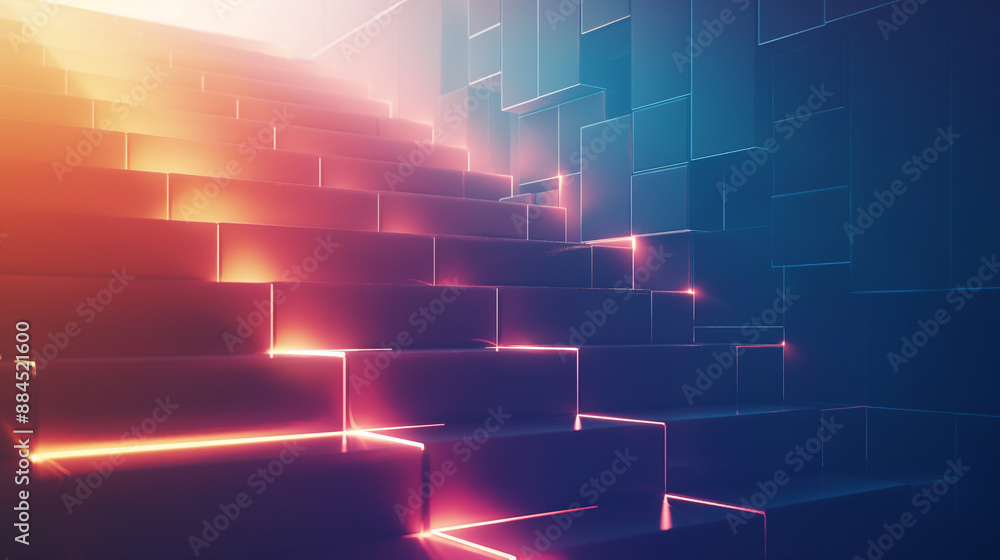 Aufkleber business development background with a staircase made of glowing blocks ascending towards the sky, c